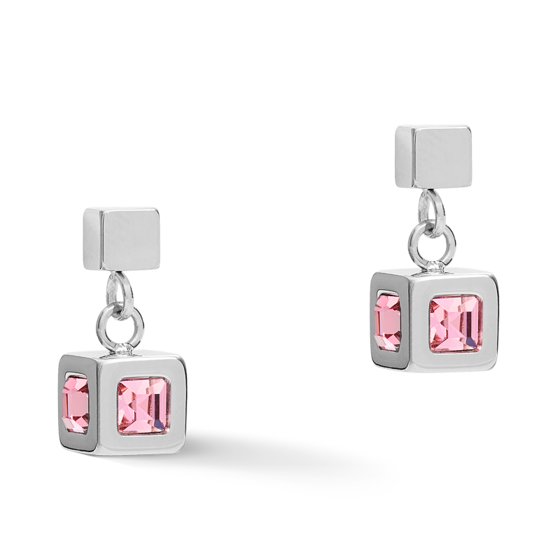 Earrings cube stainlees steel silver & crystal rose