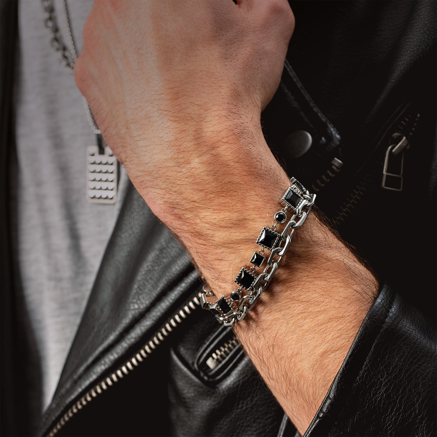 Geometry Bracelet with Spinel and Stainless Steel Silver-Black