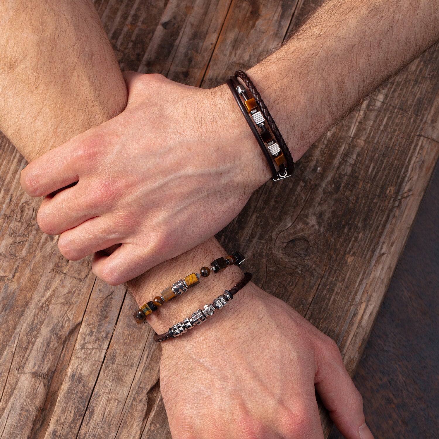 Brown Leather Bracelet with Stainless Steel Spikes Cubes
