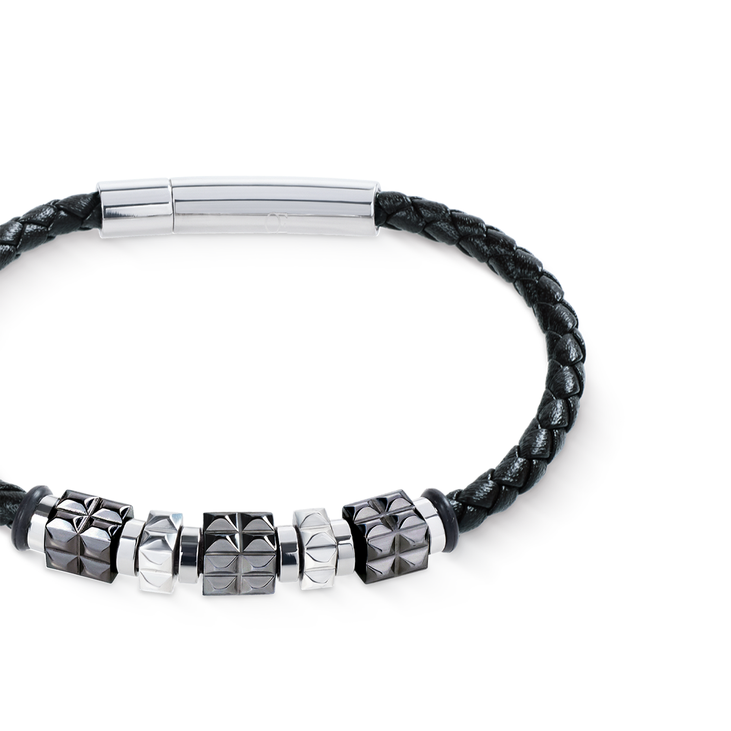 Black Leather Bracelet with Gun Metal Stainless Steel Spikes Cubes