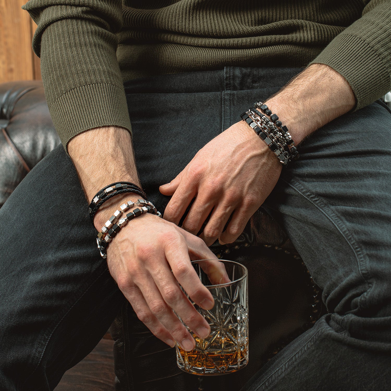 Black Leather Bracelet with Gun Metal Stainless Steel Spikes Cubes