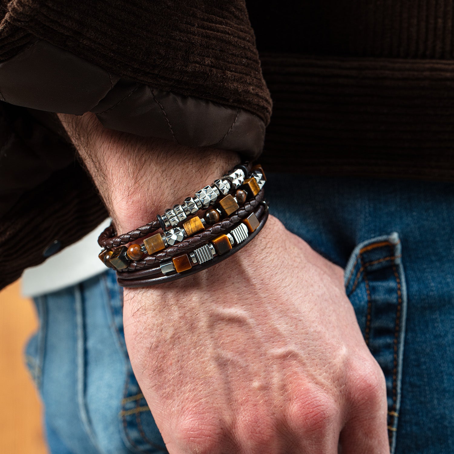 Brown Leather Bracelet 3-Strand with Tiger’s Eye and Graphic Relief Stainless Steel Cubes