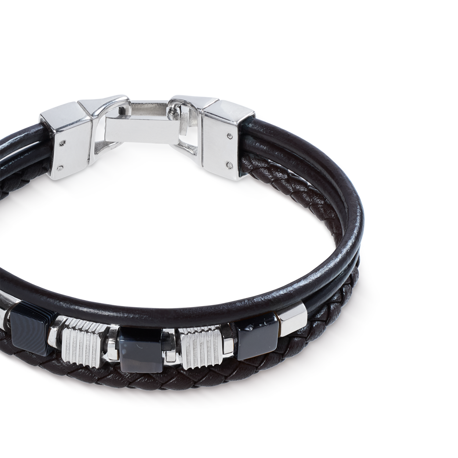 Black Leather Bracelet 3-Strand with Banded Onyx and Graphic Relief Stainless Steel Cubes