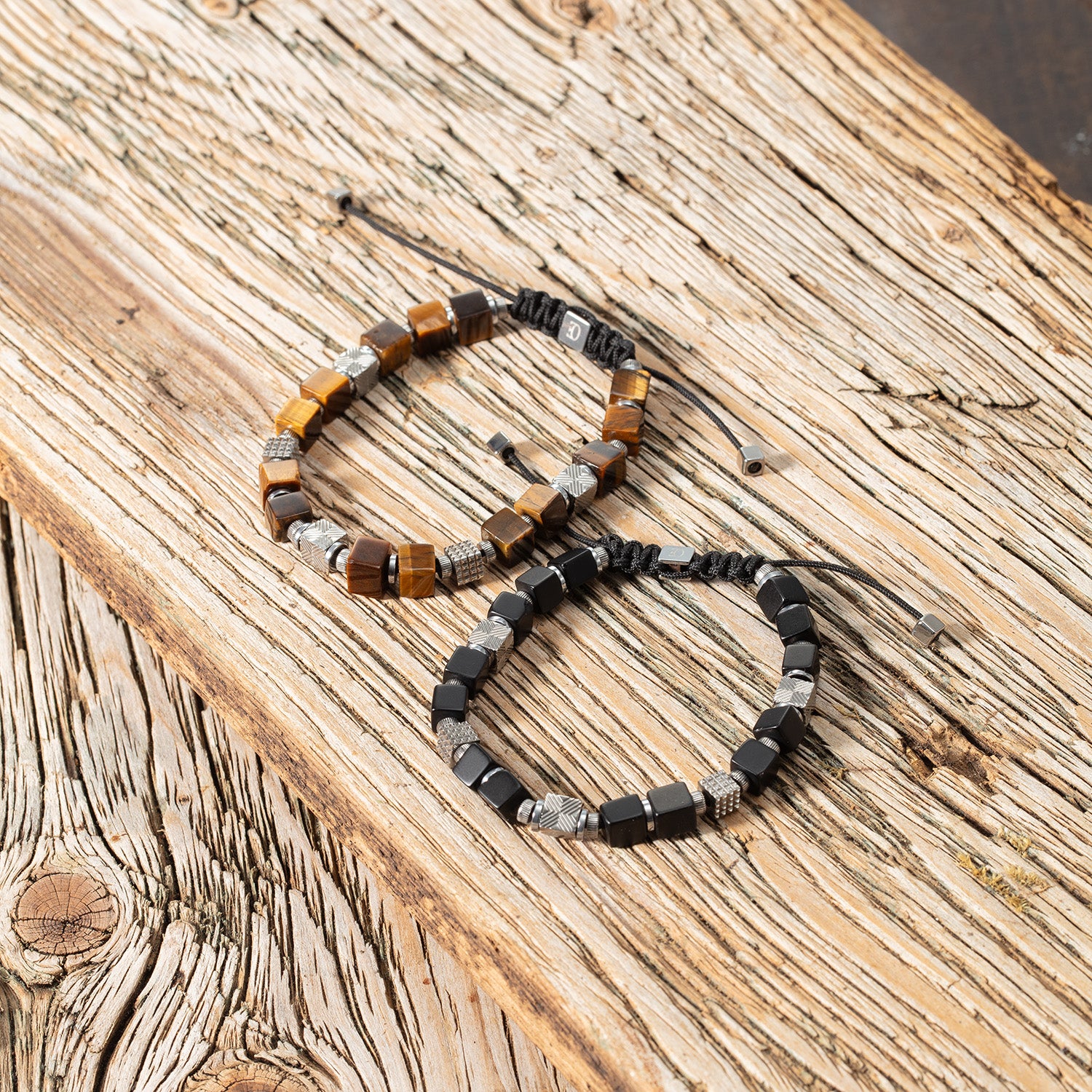 Onyx Cubes Bracelet with Graphic Relief Stainless Steel Cubes and Adjustable Textile Closure
