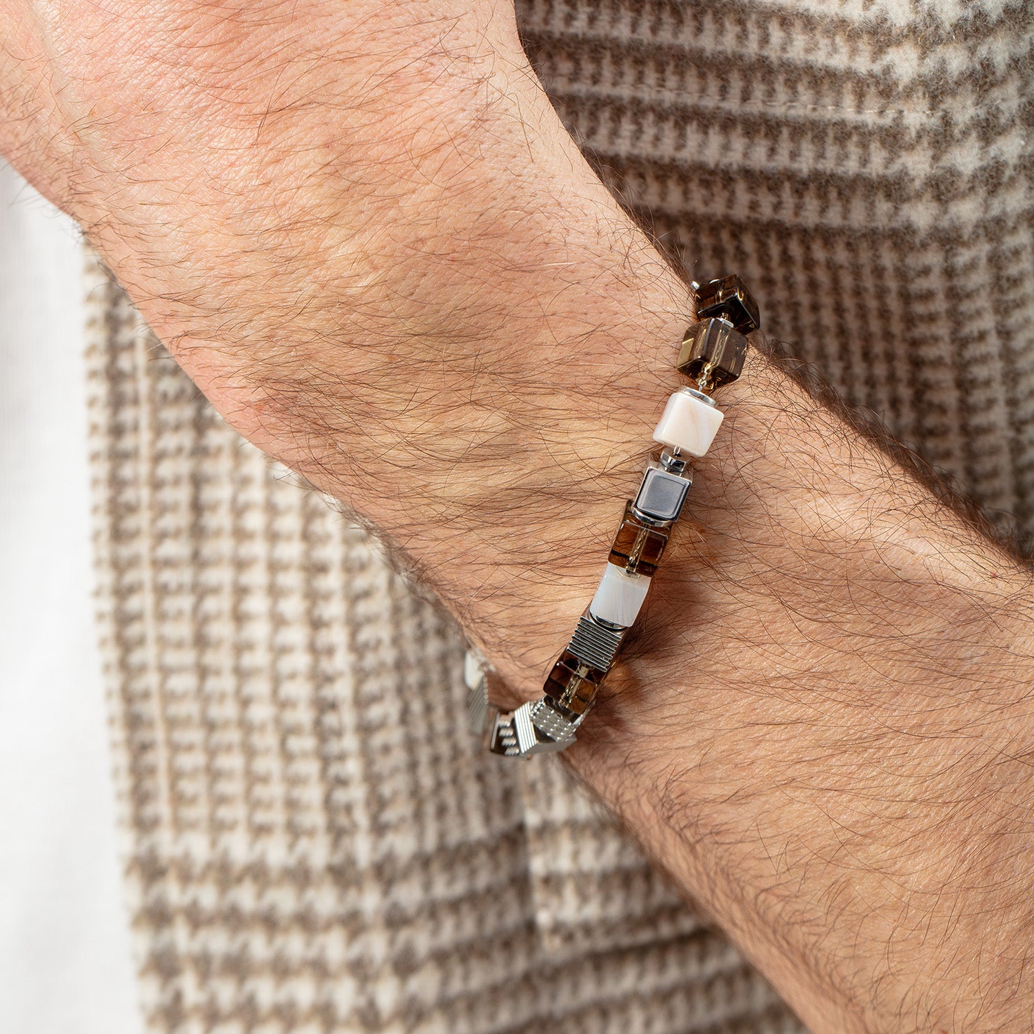 Tiger’s Eye Graphic Cubes Bracelet in Stainless Steel