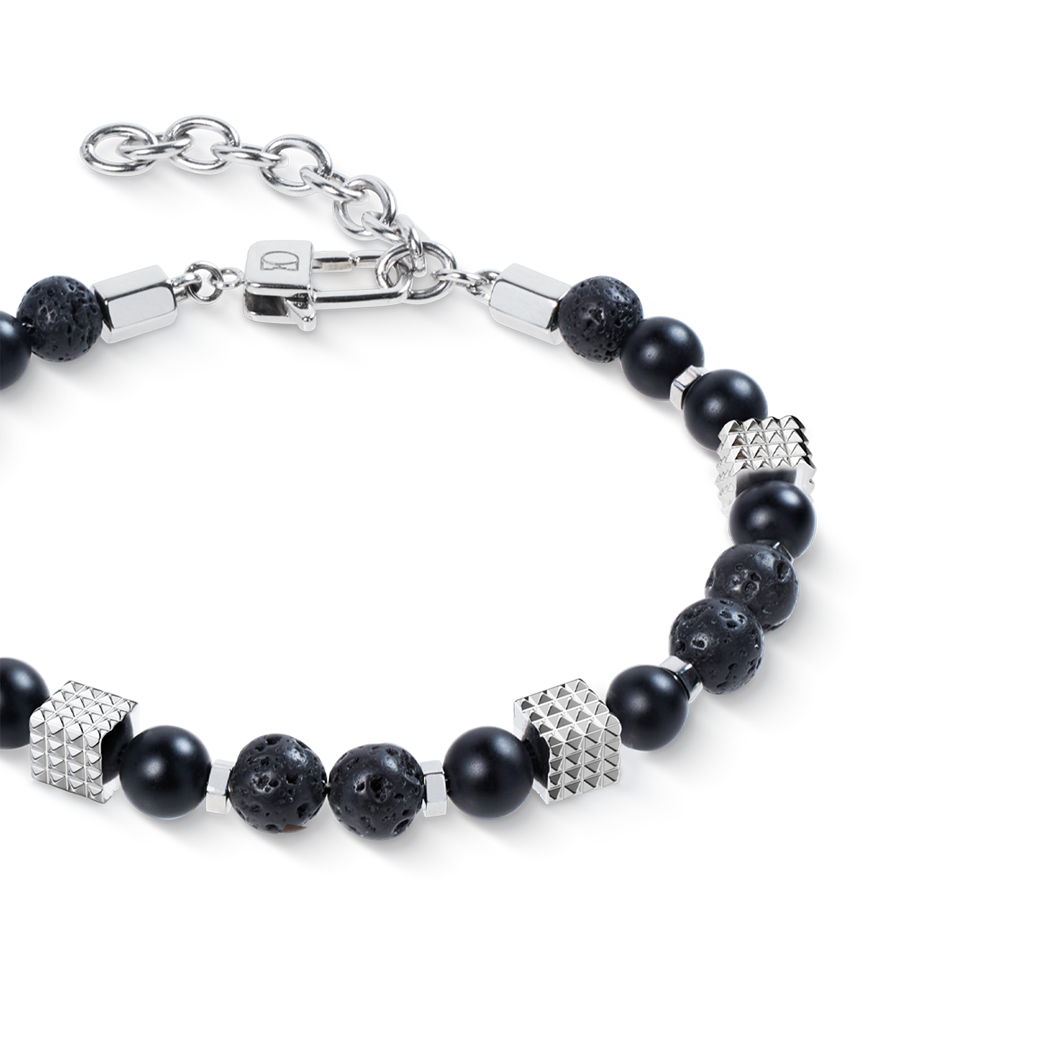 Onyx and Lava Bead Bracelet with Mini Spikes Cubes in Stainless Steel