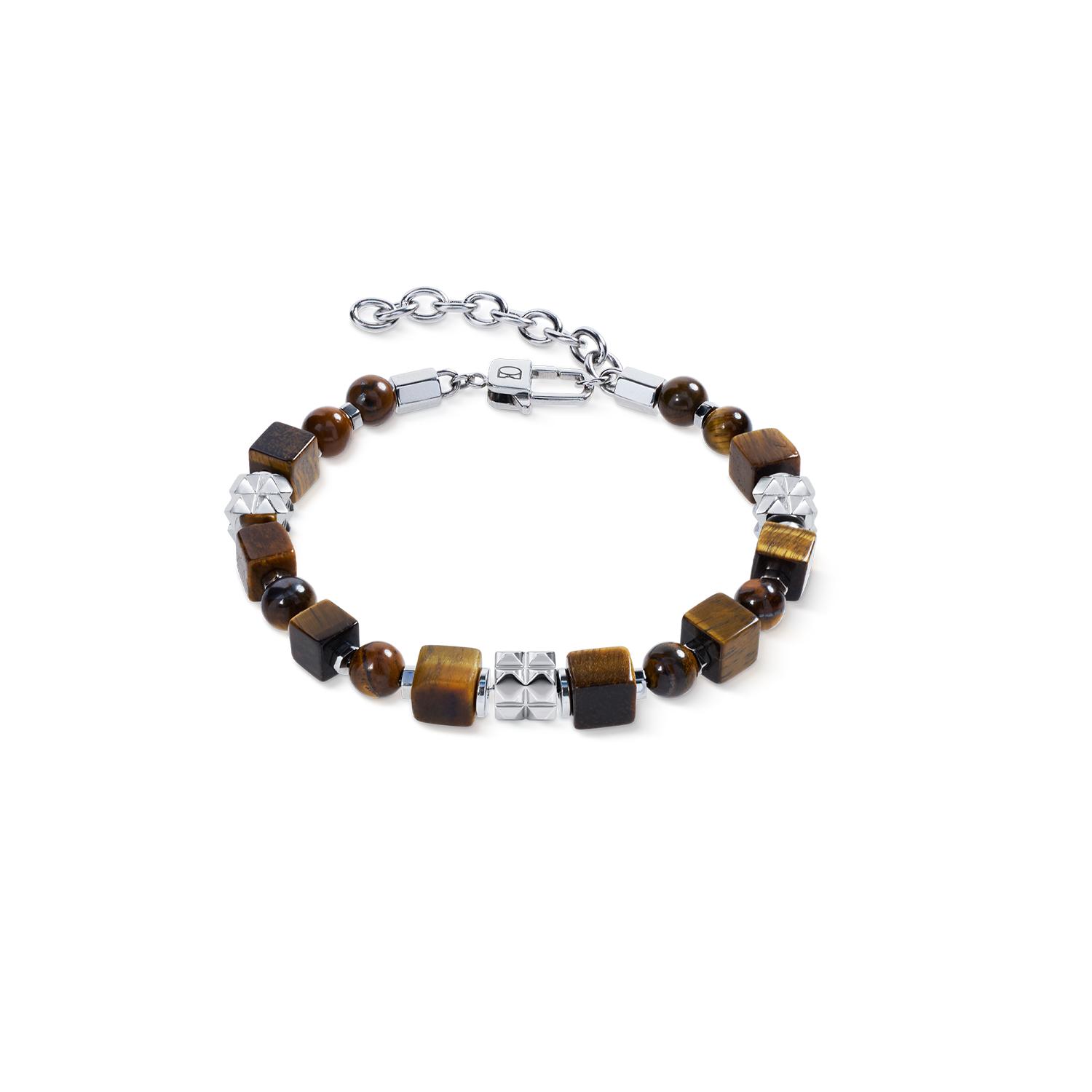 Tiger Eye Cube and Bead Bracelet with Stainless Steel Spikes Cubes