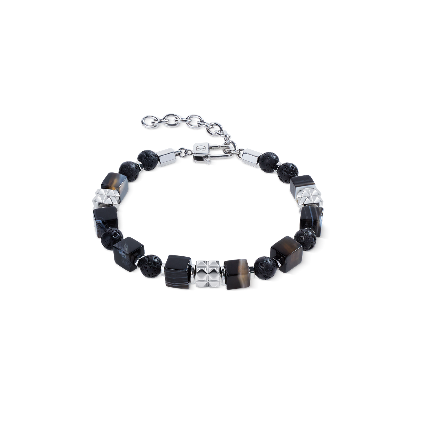 Striped Onyx Cube and Lava Bead Bracelet with Stainless Steel Spikes Cubes