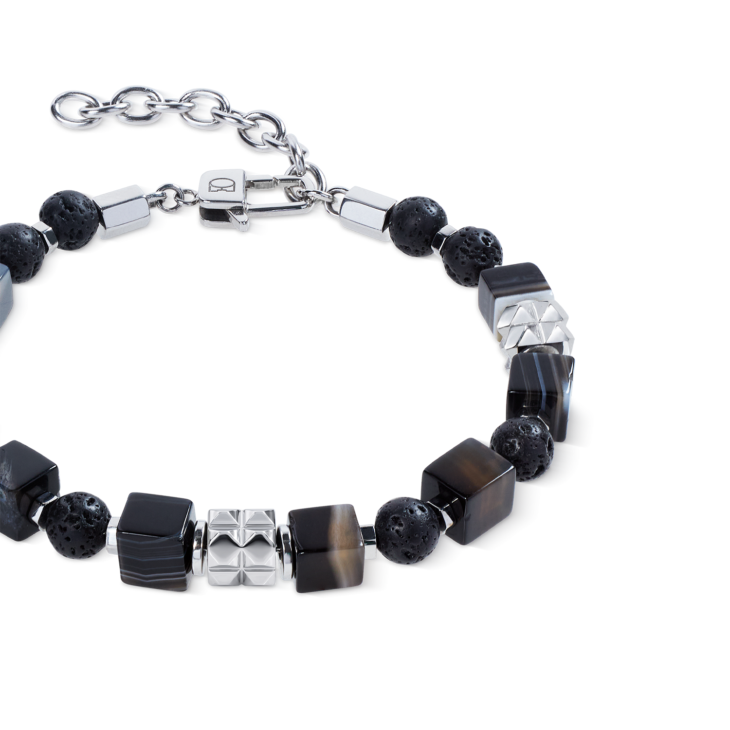 Striped Onyx Cube and Lava Bead Bracelet with Stainless Steel Spikes Cubes