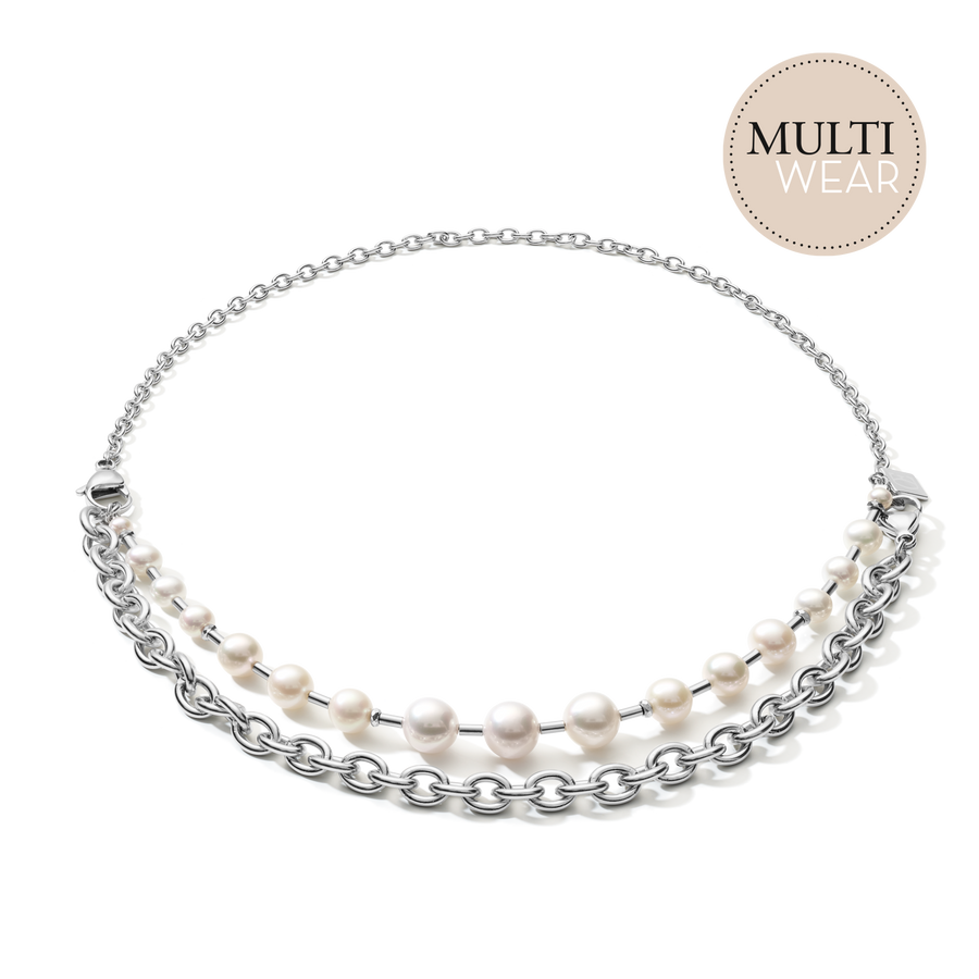 Necklace Freshwater pearls & chunky chain 4-in-1 white-silver