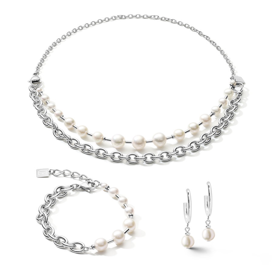 Necklace Freshwater pearls & chunky chain 4-in-1 white-silver
