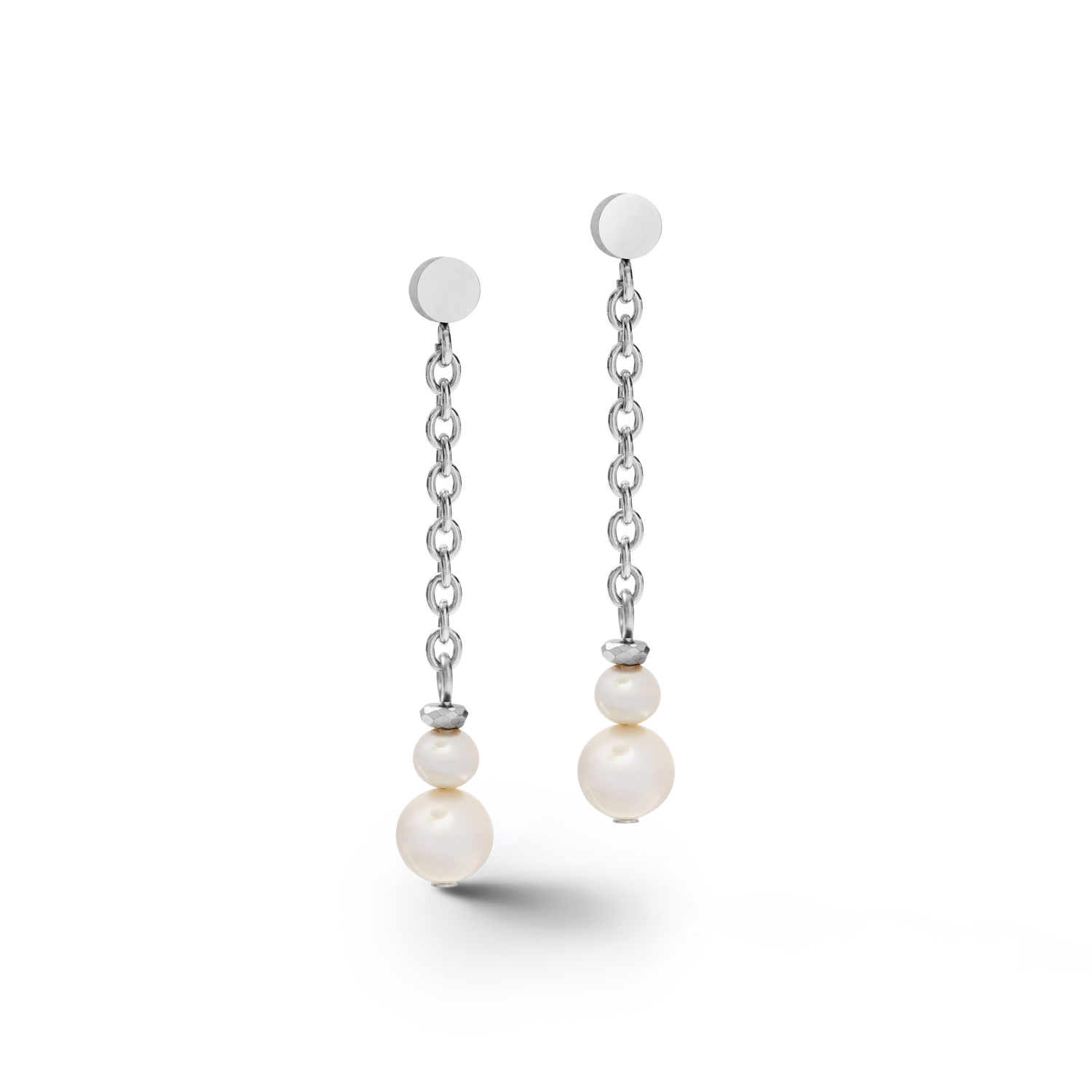 Earrings Y chain & ring Freshwater pearls & stainless steel silver