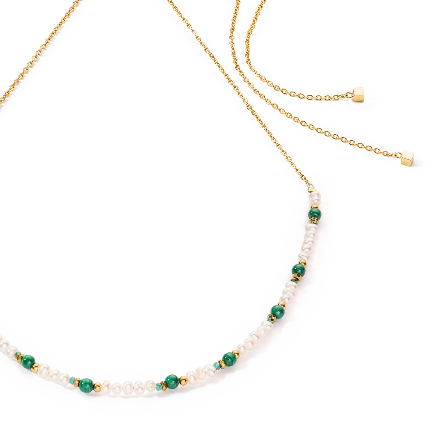 Harmony necklace freshwater pearls malachite & gold