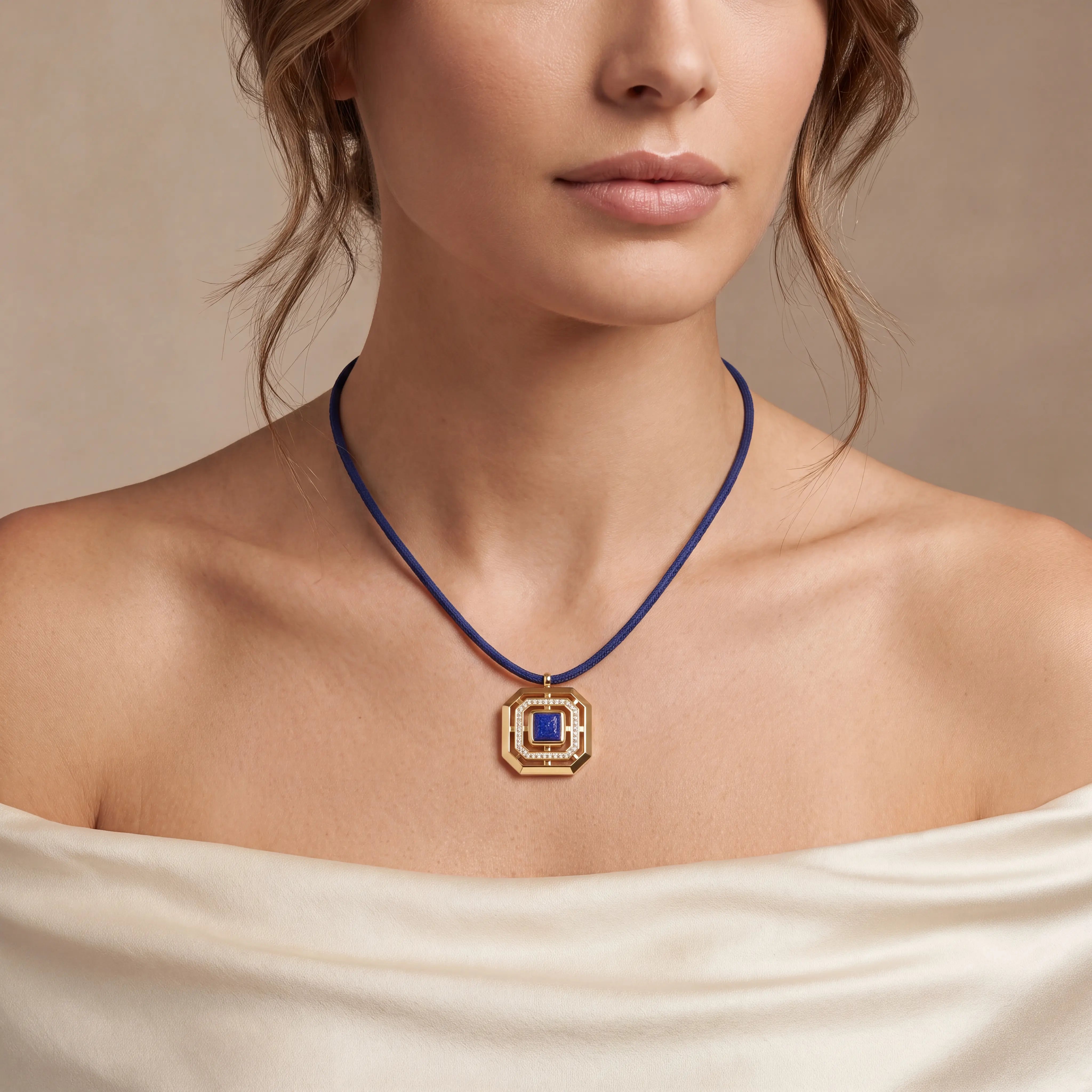 COEUR DE LION Necklace Amulet Icon Frame Soft Lapis Gold – on model