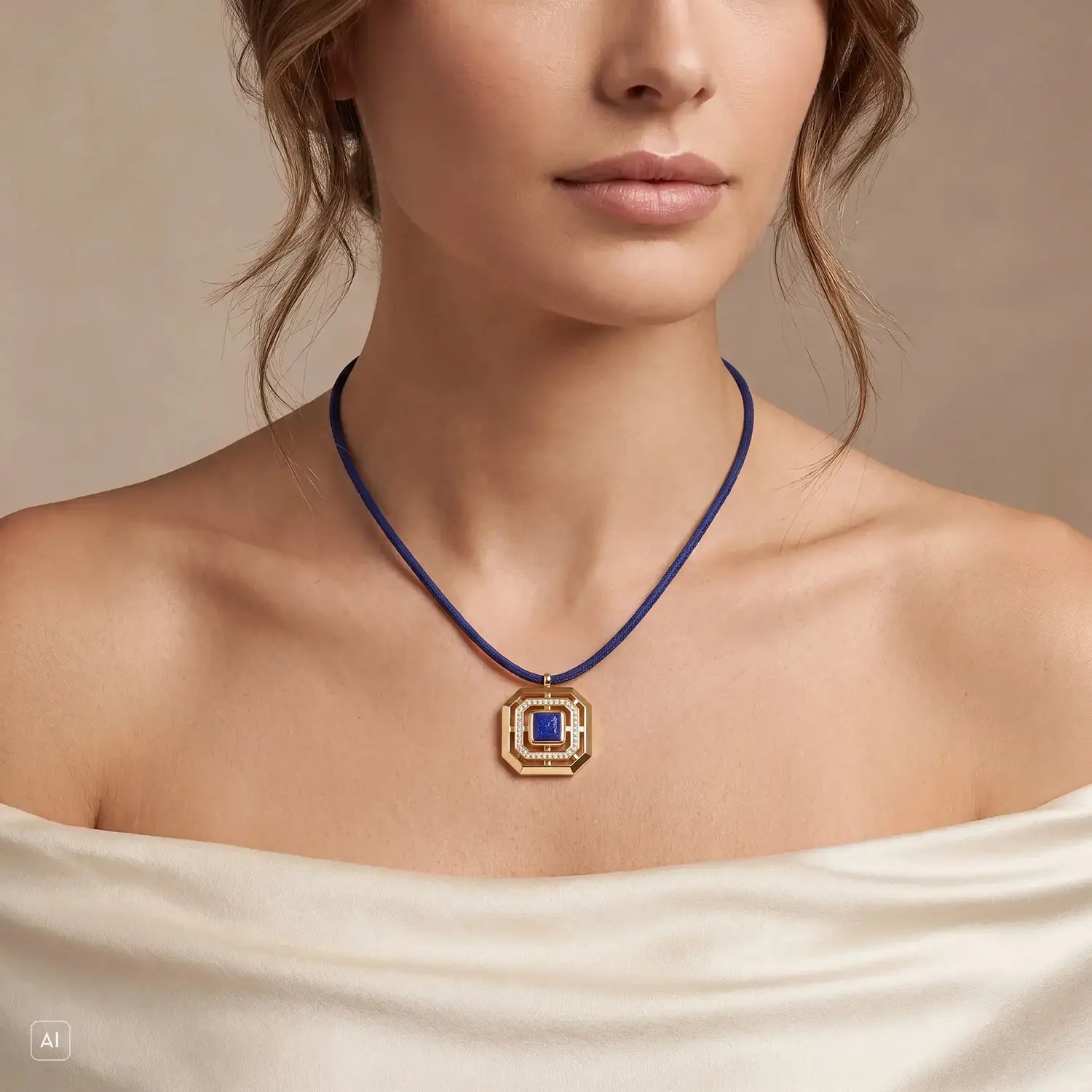 COEUR DE LION Necklace Amulet Icon Frame Soft Lapis Gold – on model