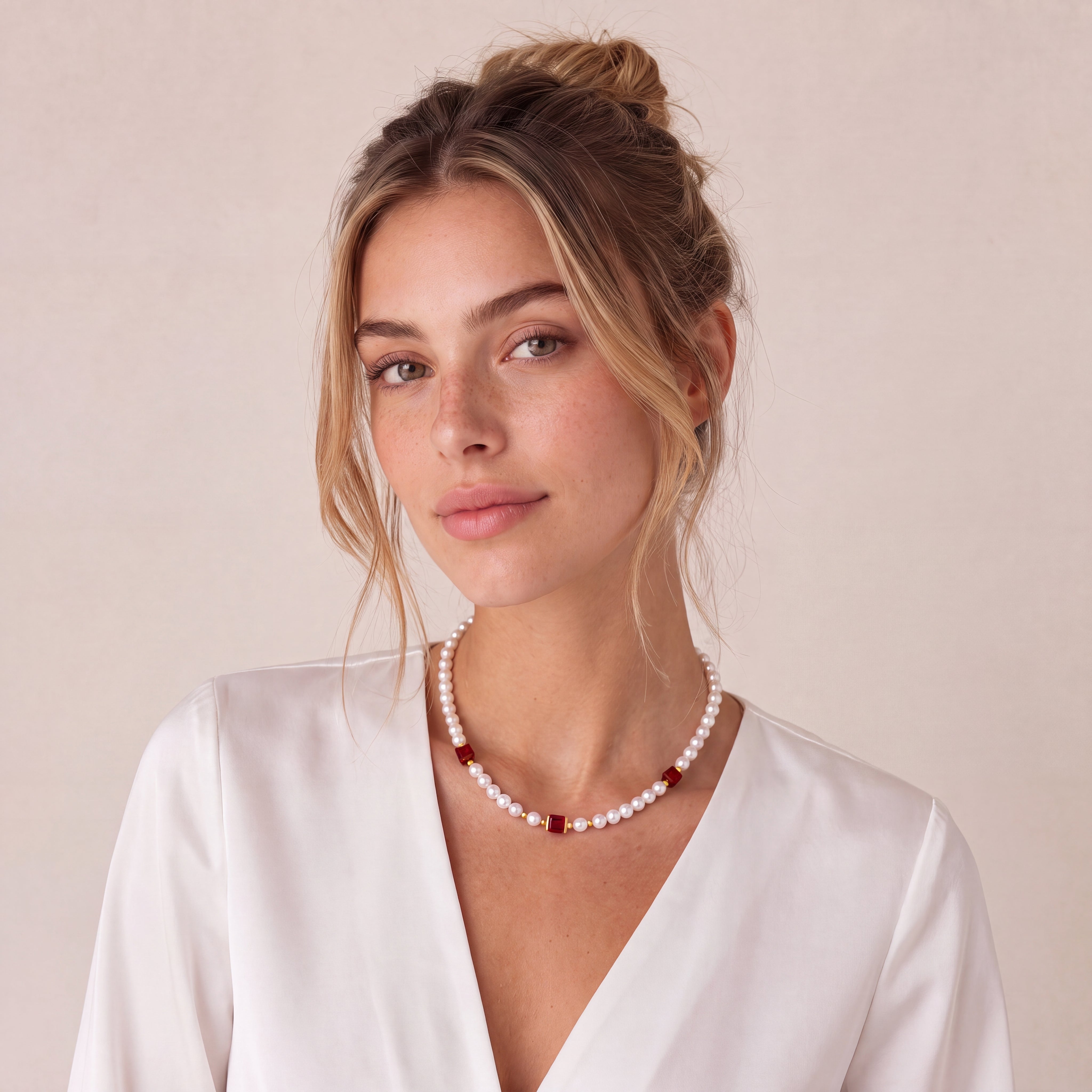 COEUR DE LION Cocktail Pearls Necklace Ruby – on model