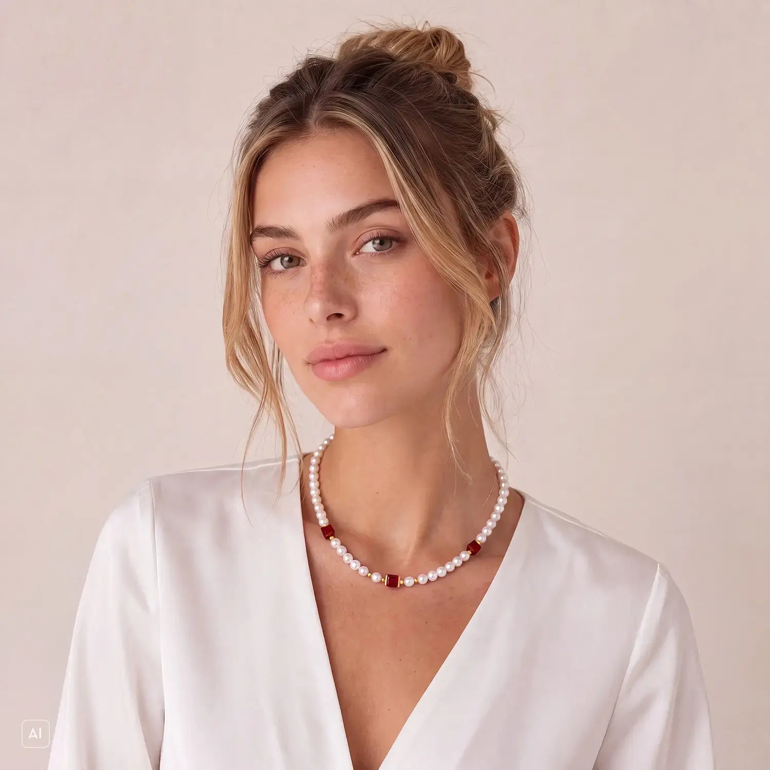 COEUR DE LION Cocktail Pearls Necklace Ruby – on model