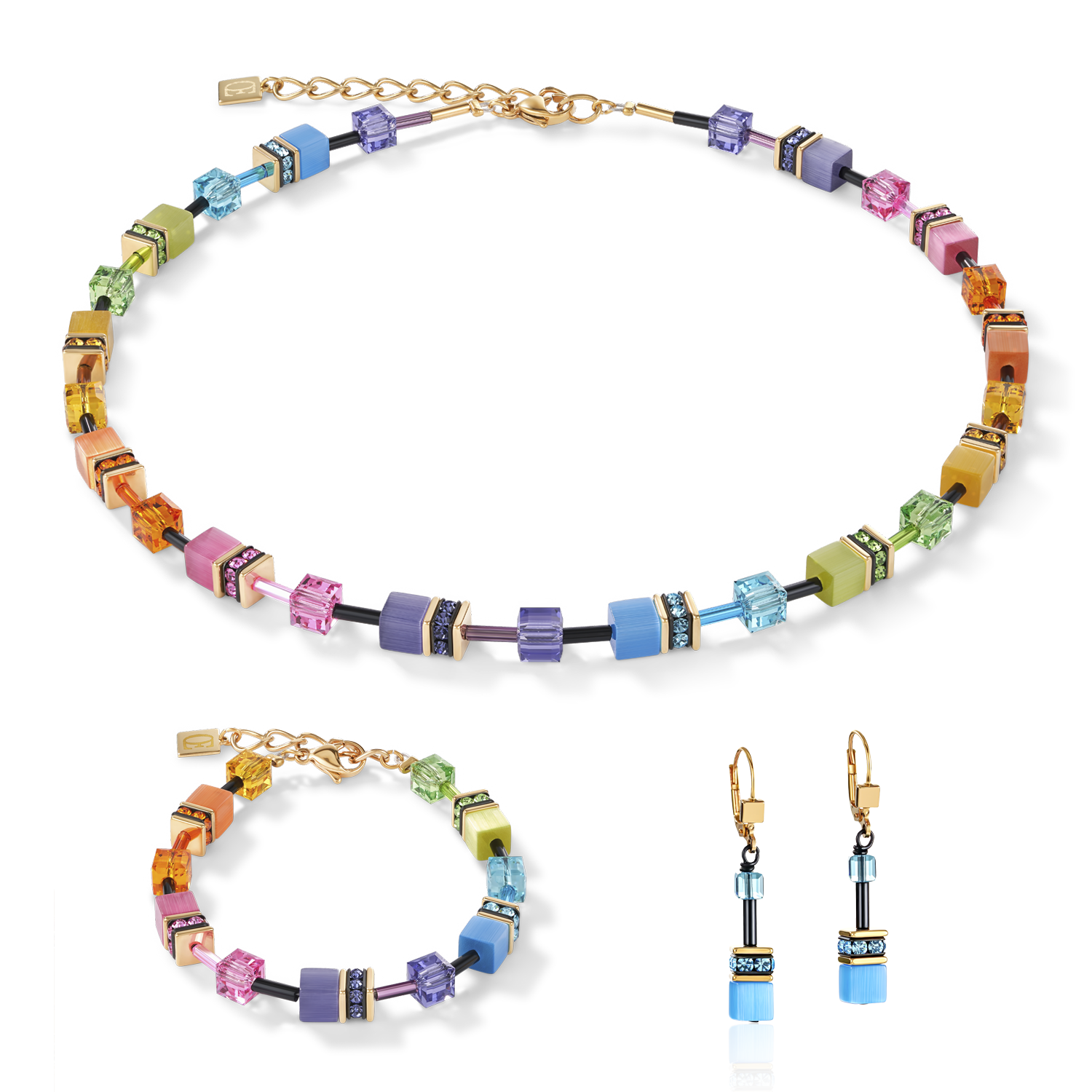 GeoCUBE® Earrings multicolour rainbow gold