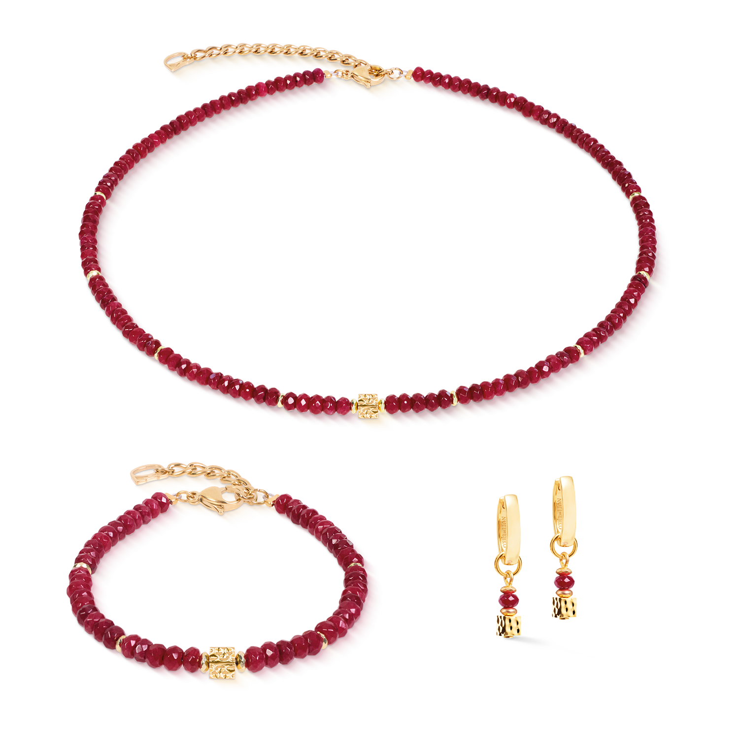 Necklace Hammered Cube Ruby Gold