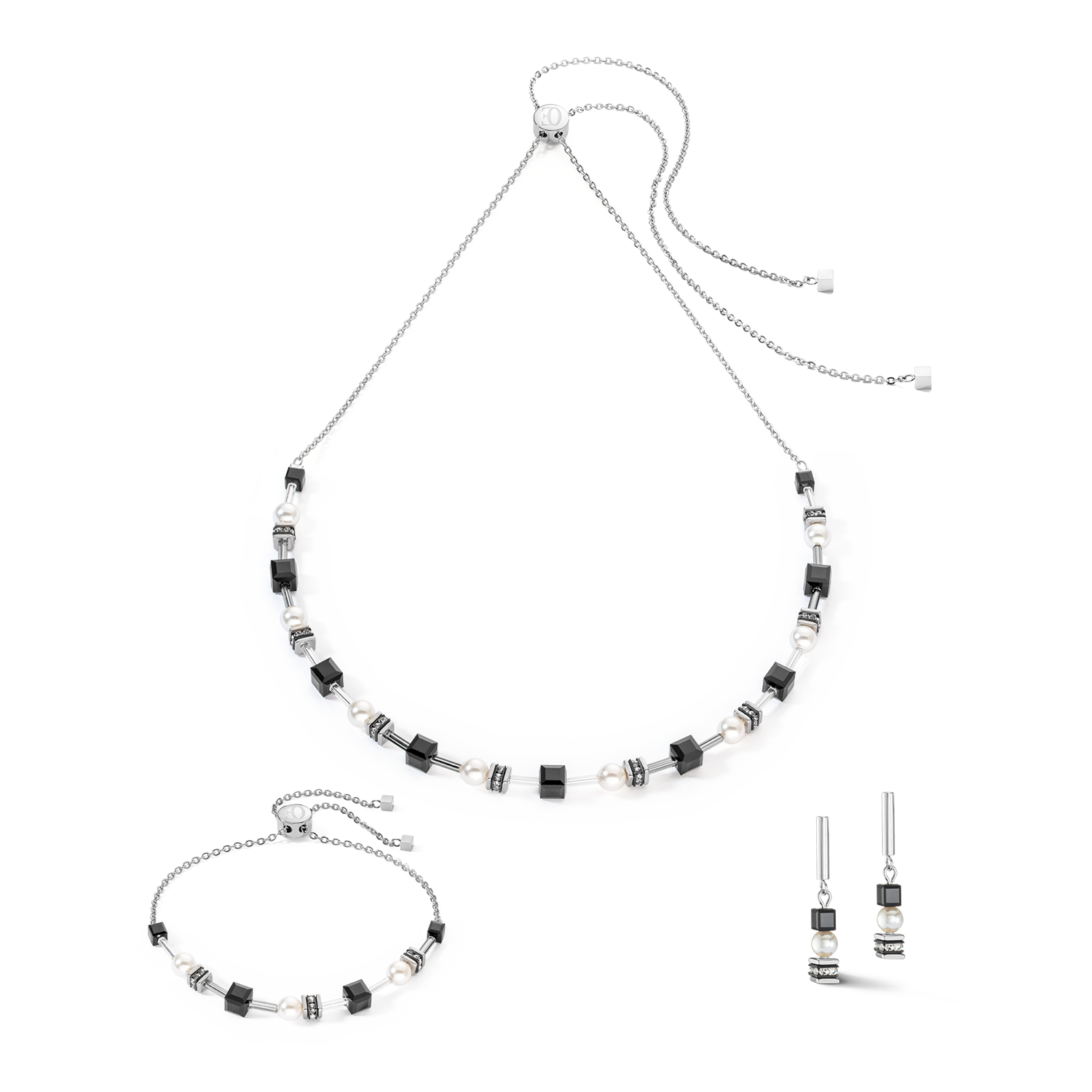 Earrings Mysterious Cubes & Pearls silver-black