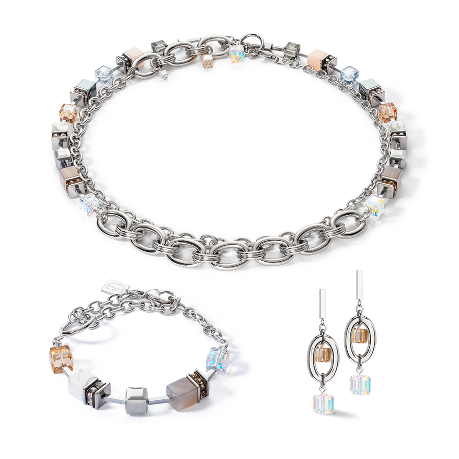 Bracelet GeoCUBE® Statement Precious Chunky Chain Multiwear grau-beige