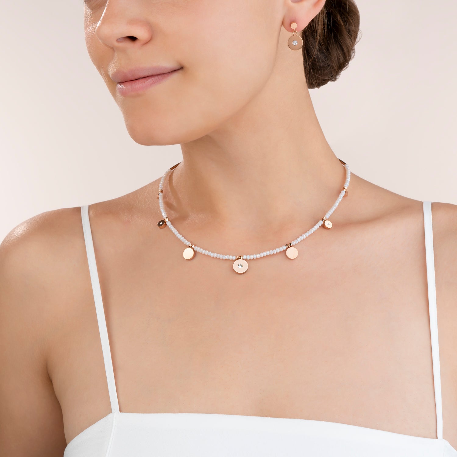 Earrings Coins Stainless steel rose gold, cut glass & Crystals white