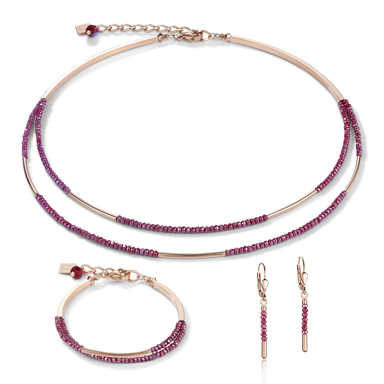 Bracelet Waterfall small stainless steel rose gold & glass red