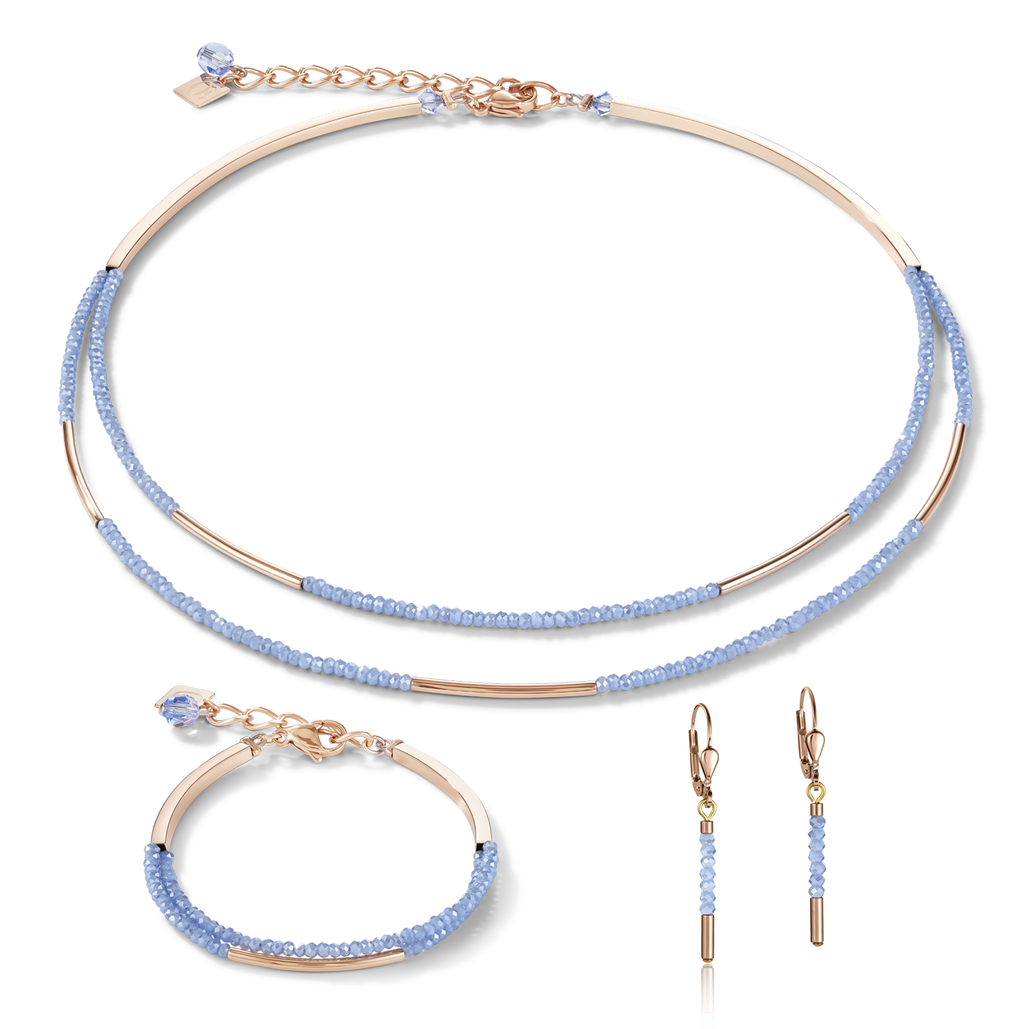Bracelet Waterfall small stainless steel rose gold & glass light blue
