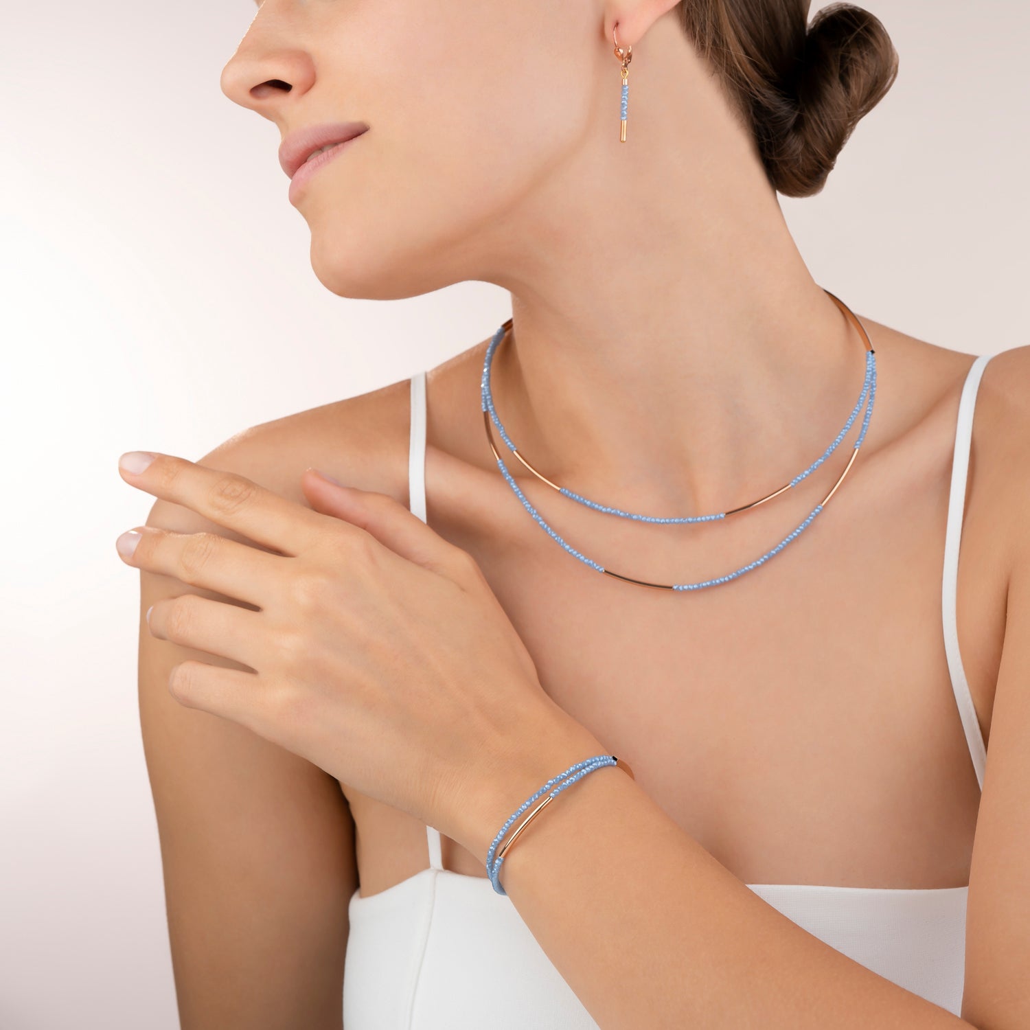 Bracelet Waterfall small stainless steel rose gold & glass light blue