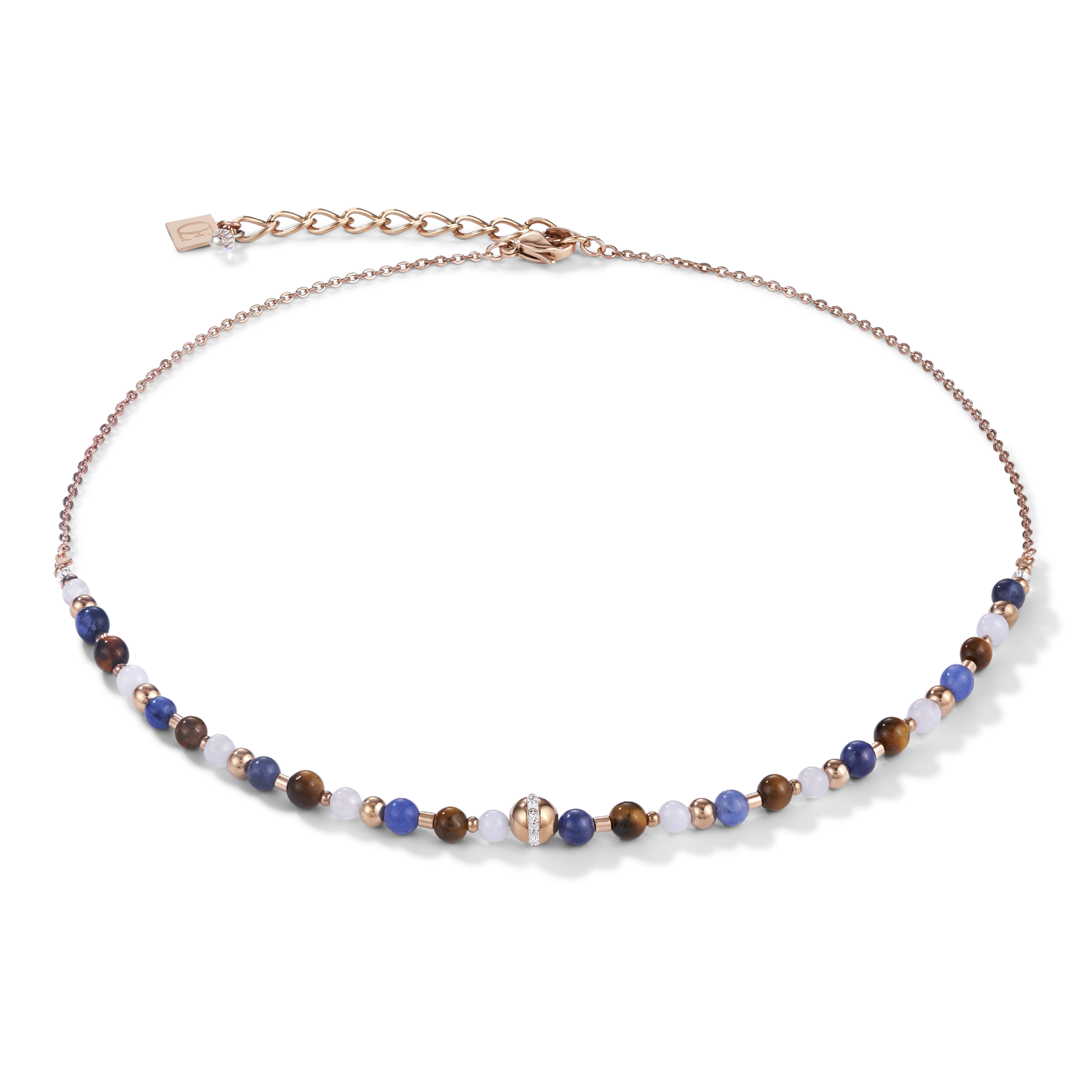 Necklace Ball stainless steel rose gold & gemstones blue brown