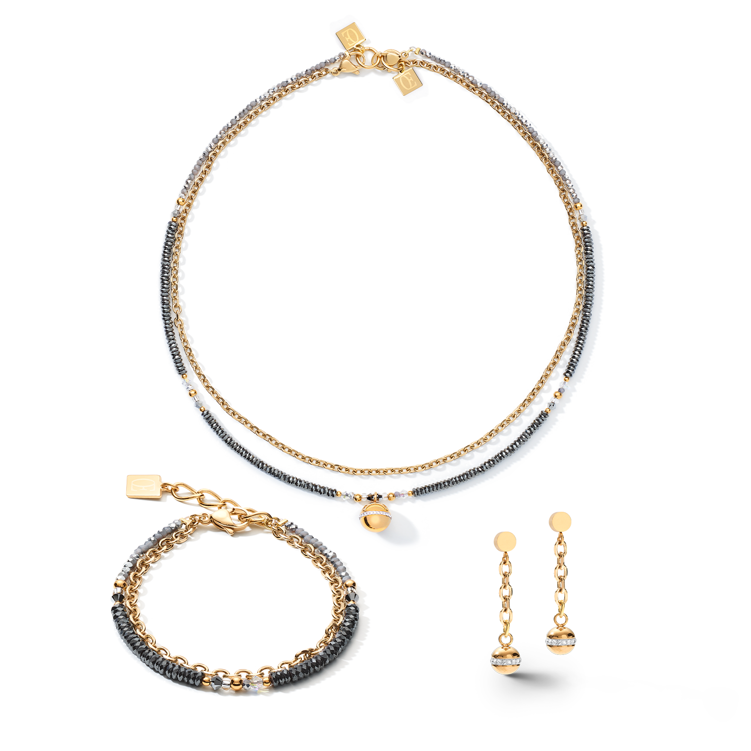 Earrings 4-in-1 Ball Stainless Steel Chain & Hematite gold
