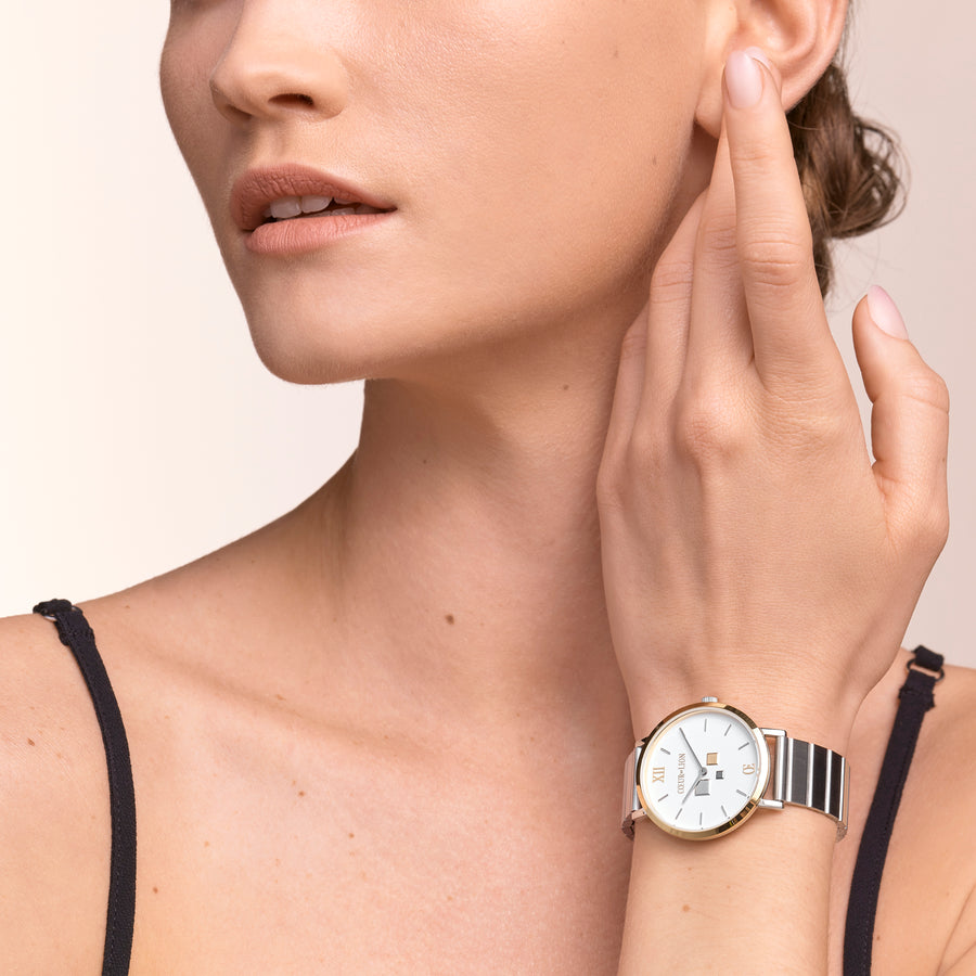 Watch Round Brilliant White Bicolor Stainless Steel Silver