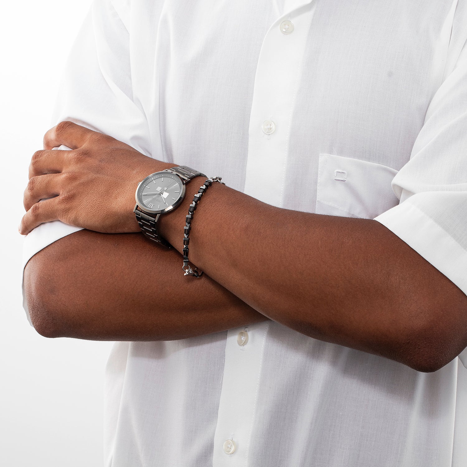 Gift Set Watch Round Statement Anthracite Sunray & bracelet Precious Fusion link chain brown-silver