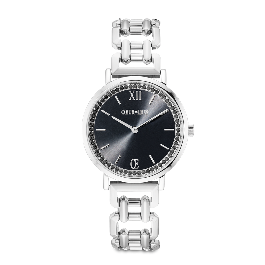 Watch Round Sparkling Mysterious Black Statement silver