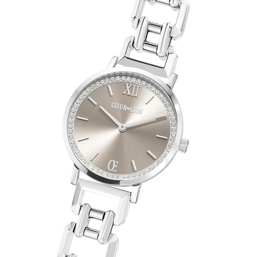 Watch Round Sparkling Graceful Greige Statement Silver