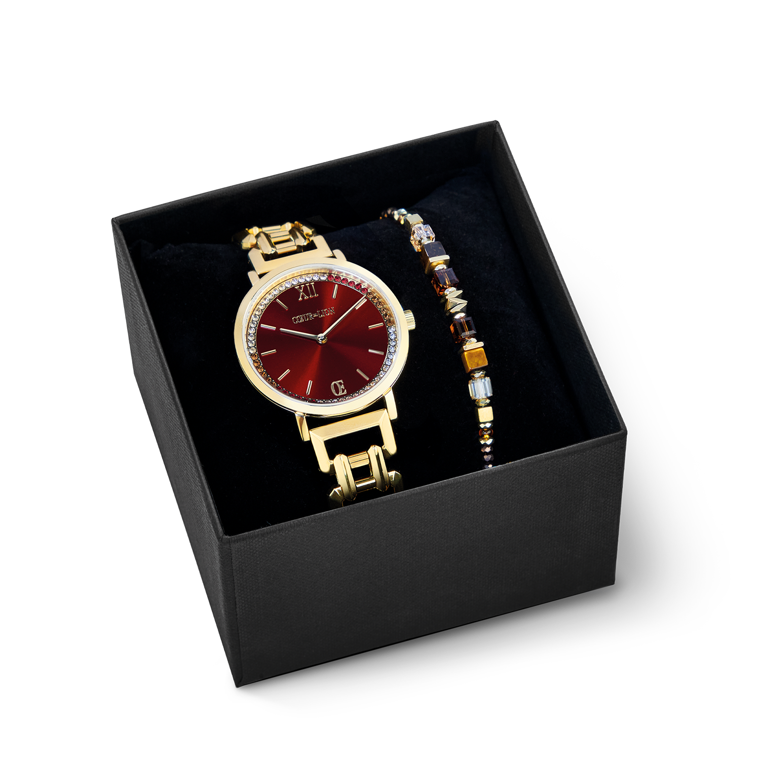 Gift Set Watch Round Sparkling Festive Red & bracelet Wave Cube Flow gold-brown