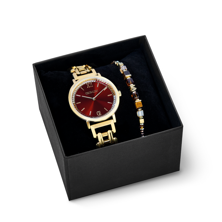 Gift Set Watch Round Sparkling Festive Red & bracelet Wave Cube Flow gold-brown