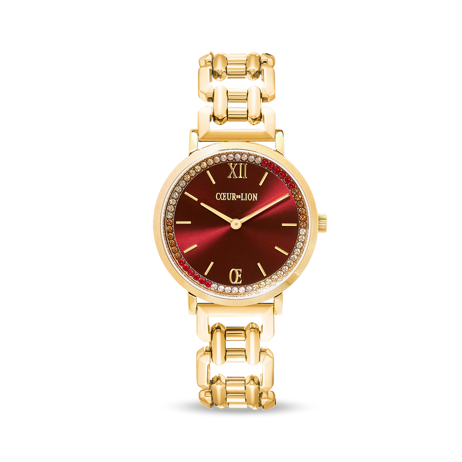 Gift Set Watch Round Sparkling Festive Red & bracelet Wave Cube Flow gold-brown