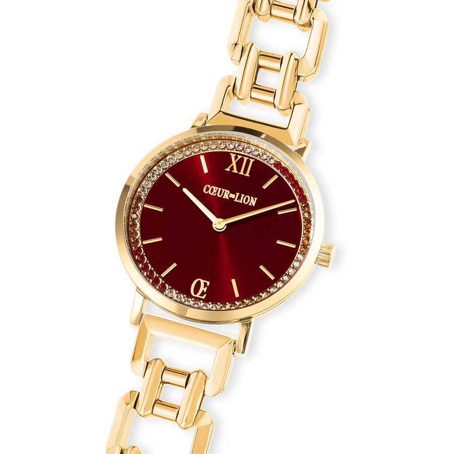 Round Sparkling Festive Red Statement gold Watch