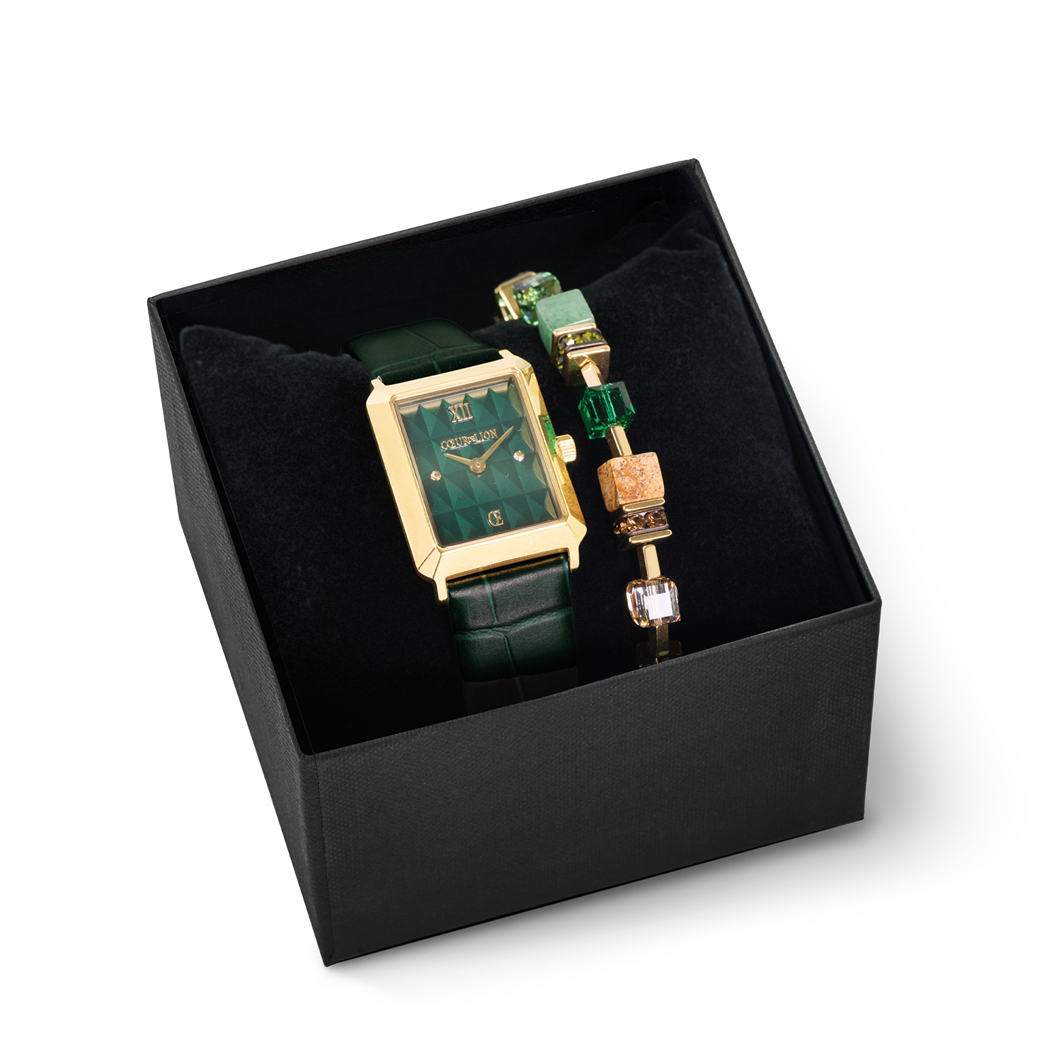 Gift Set Iconic Spikes Watch Forest Green Gold & GeoCUBE® Bracelet Emerald Garden