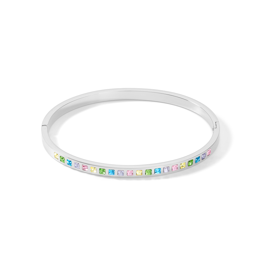 Bangle stainless steel silver & square crystals pavé multicolour pastel 17