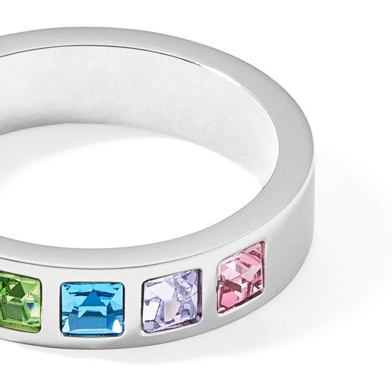 Ring stainless steel silver & square crystals pavé multicolour pastel