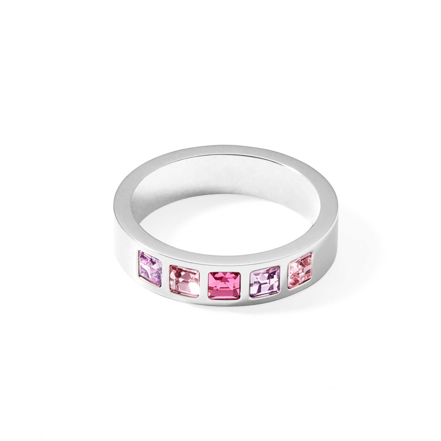 Ring stainless steel silver & square crystals pavé multi-rose
