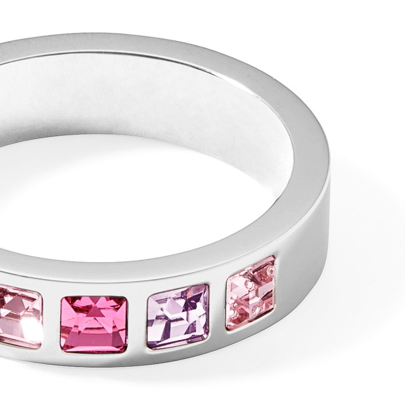 Ring stainless steel silver & square crystals pavé multi-rose