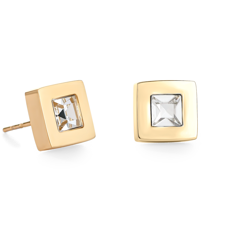 Earrings square stainlees steel gold & crystal