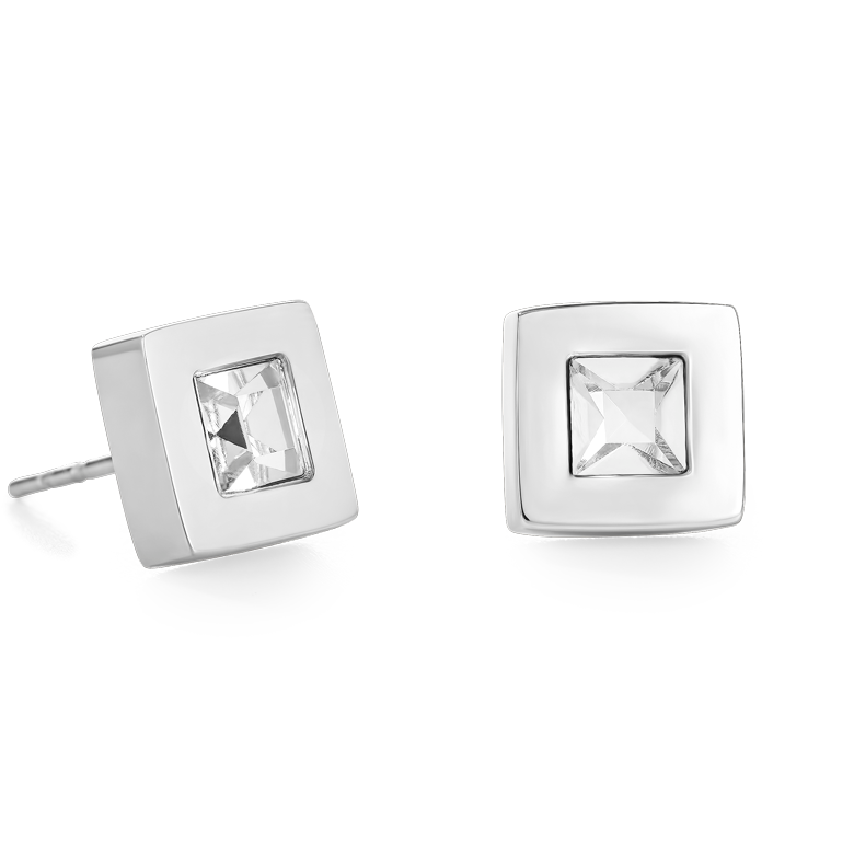 Earrings square stainlees steel silver & crystal