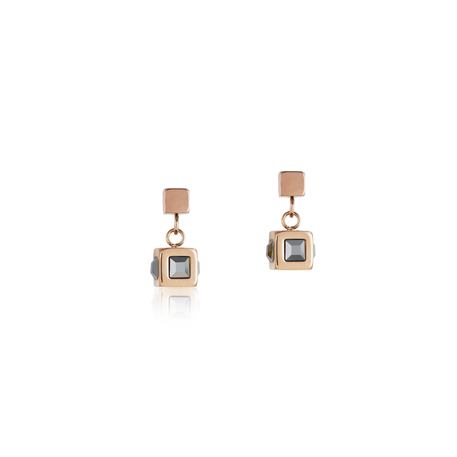 Earrings cube stainlees steel rose gold & crystal anthracite