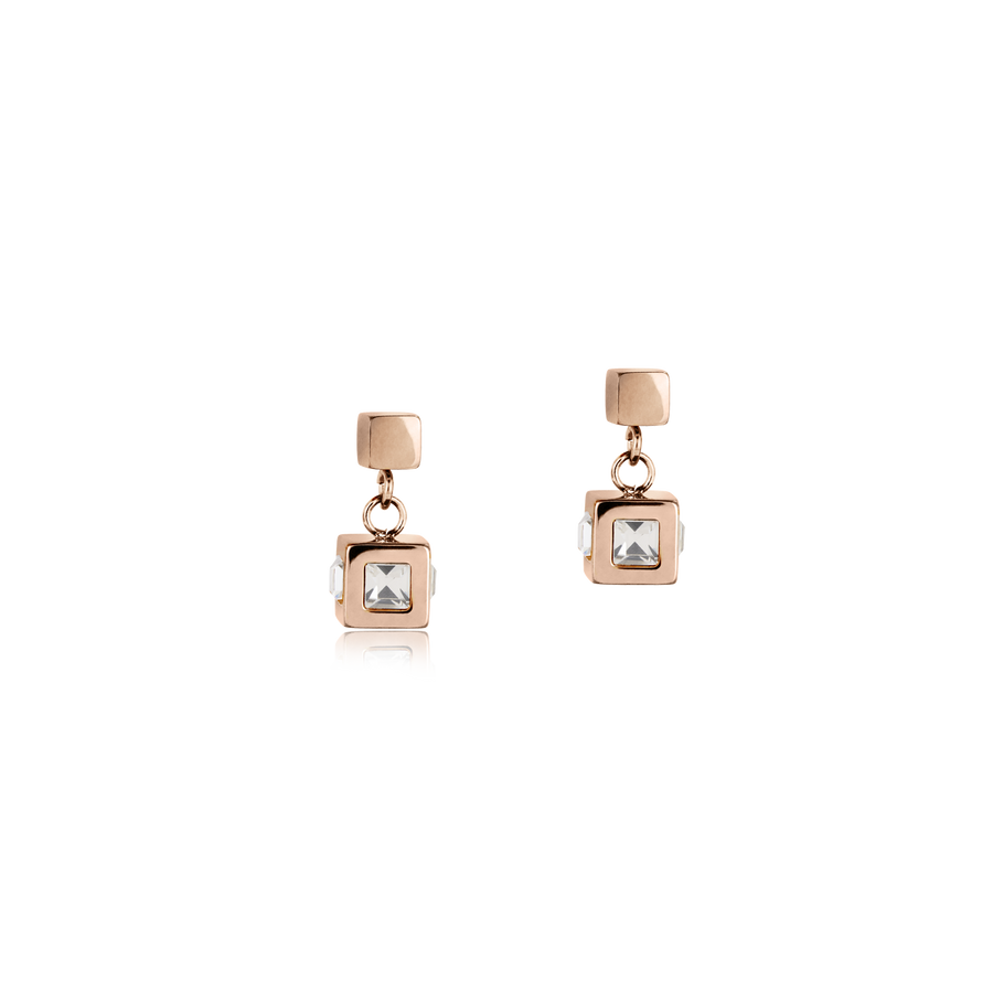 Earrings cube stainlees steel rose gold & crystal