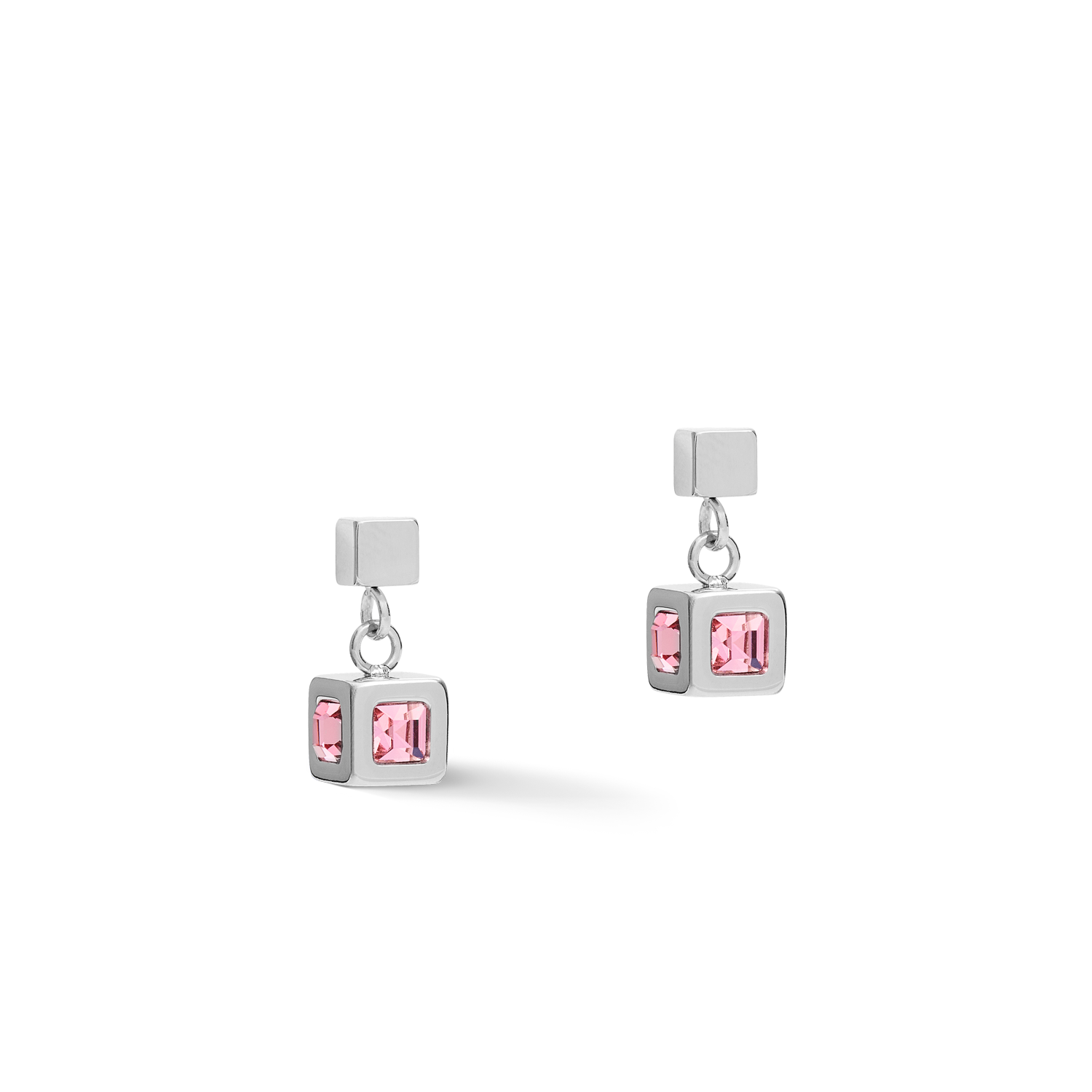 Earrings cube stainlees steel silver & crystal rose