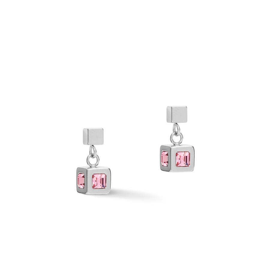 Earrings cube stainlees steel silver & crystal rose